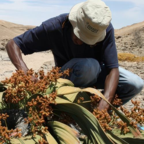 Titus Shuuya crouched over a desert plant.
